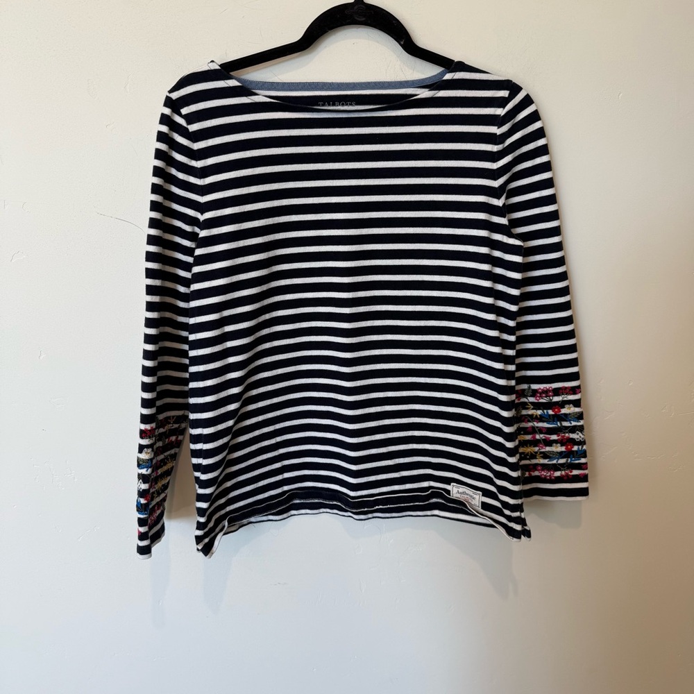 Talbots Navy and White Striped Embroidered Top Womens Size Large Petite Nautical
